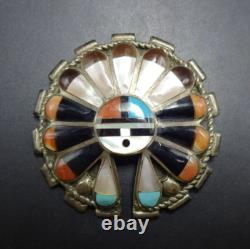 Vintage ZUNI SterlingSilver SUN FACE Inlay PIN/BROOCH PENDANT Turq Coral Jet MOP