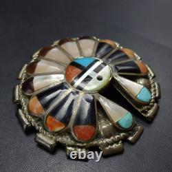 Vintage ZUNI SterlingSilver SUN FACE Inlay PIN/BROOCH PENDANT Turq Coral Jet MOP