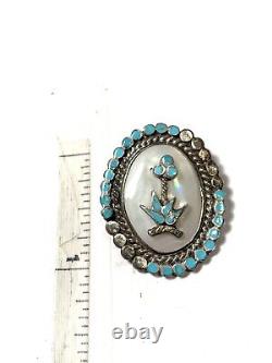 Vintage Zuni Art Lucario Turquoise Inlay Flower Mother of Pearl Pin Pendant
