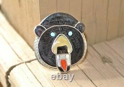 Vintage Zuni Bear Fetish Stone Inlay Paul Peyketewa Jr Pin Brooch Pendant Signed