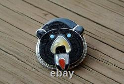 Vintage Zuni Bear Fetish Stone Inlay Paul Peyketewa Jr Pin Brooch Pendant Signed