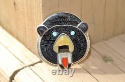 Vintage Zuni Bear Fetish Stone Inlay Paul Peyketewa Jr Pin Brooch Pendant Signed