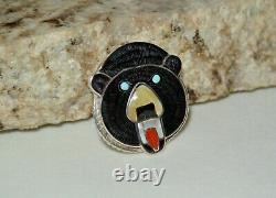 Vintage Zuni Bear Fetish Stone Inlay Paul Peyketewa Jr Pin Brooch Pendant Signed