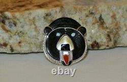 Vintage Zuni Bear Fetish Stone Inlay Paul Peyketewa Jr Pin Brooch Pendant Signed