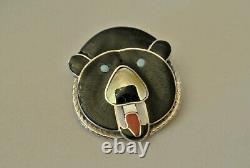 Vintage Zuni Bear Fetish Stone Inlay Paul Peyketewa Jr Pin Brooch Pendant Signed