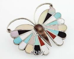 Vintage Zuni Butterfly Multi Color Inlaid Sterling Silver 2 in 1 Pendant Pin