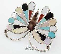 Vintage Zuni Butterfly Multi Color Inlaid Sterling Silver 2 in 1 Pendant Pin