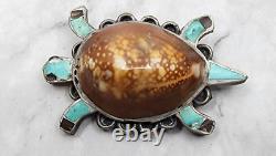 Vintage Zuni Cowrie Shell Turtle Turquoise Brooch Sterling Pin Native American