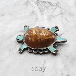 Vintage Zuni Cowrie Shell Turtle Turquoise Brooch Sterling Pin Native American