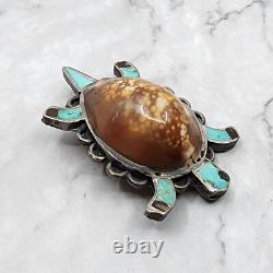 Vintage Zuni Cowrie Shell Turtle Turquoise Brooch Sterling Pin Native American