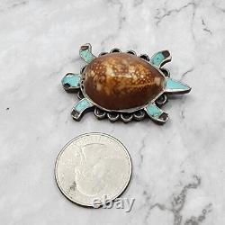 Vintage Zuni Cowrie Shell Turtle Turquoise Brooch Sterling Pin Native American