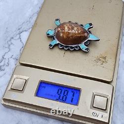Vintage Zuni Cowrie Shell Turtle Turquoise Brooch Sterling Pin Native American