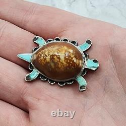 Vintage Zuni Cowrie Shell Turtle Turquoise Brooch Sterling Pin Native American