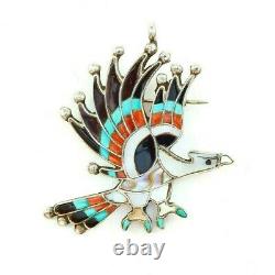 Vintage Zuni Dishta Turquoise Inlay Sterling Silver Eagle Pin Broach Pendant