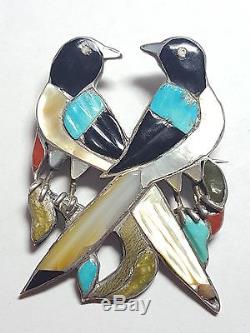 Vintage Zuni Double Bird Inlay Sterling Silver Pin #2950