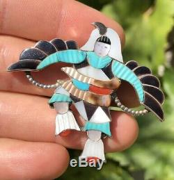 Vintage Zuni Eagle Dancer Kachina Multi Stone Inlay Sterling Silver Pin Pendant