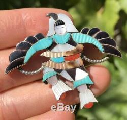 Vintage Zuni Eagle Dancer Kachina Multi Stone Inlay Sterling Silver Pin Pendant