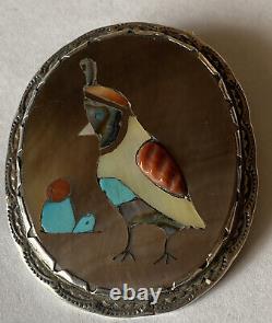 Vintage Zuni Effie Qualo Sterling Silver Inlay Quail Pin/Pendant