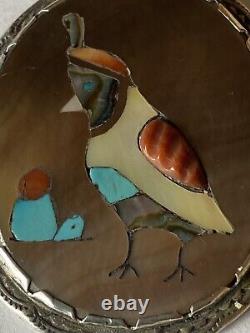 Vintage Zuni Effie Qualo Sterling Silver Inlay Quail Pin/Pendant