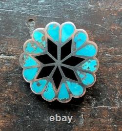 Vintage Zuni Handmade Sterling Silver Turquoise Jet Inlay Floral Pin Brooch 1¼