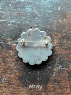 Vintage Zuni Handmade Sterling Silver Turquoise Jet Inlay Floral Pin Brooch 1¼