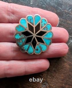 Vintage Zuni Handmade Sterling Silver Turquoise Jet Inlay Floral Pin Brooch 1¼