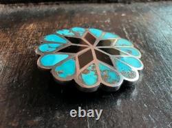Vintage Zuni Handmade Sterling Silver Turquoise Jet Inlay Floral Pin Brooch 1¼