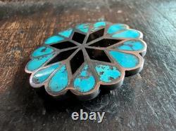 Vintage Zuni Handmade Sterling Silver Turquoise Jet Inlay Floral Pin Brooch 1¼