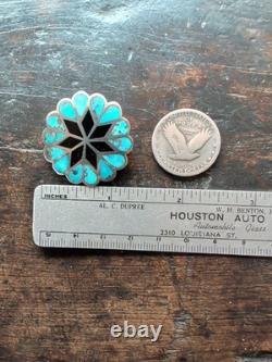 Vintage Zuni Handmade Sterling Silver Turquoise Jet Inlay Floral Pin Brooch 1¼