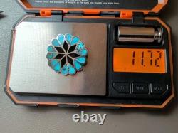 Vintage Zuni Handmade Sterling Silver Turquoise Jet Inlay Floral Pin Brooch 1¼