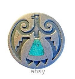 Vintage Zuni, Hopi, Navajo Indian Silver Overlay Thunderbird Pin Turquoise Inlay