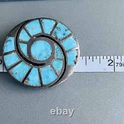 Vintage Zuni Hummingbird Turquoise Inlay Sterling Silver Round Pin Native Brooch
