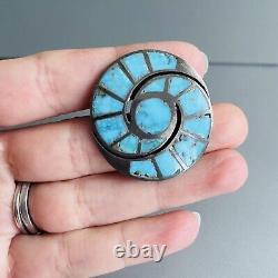 Vintage Zuni Hummingbird Turquoise Inlay Sterling Silver Round Pin Native Brooch