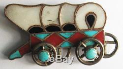 Vintage Zuni Indian Inlaid Turquoise Onyx Coral Covered Wagon Pin
