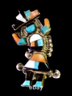 Vintage Zuni Indian Rainbow Man Inlay Turquoise Silver Pin