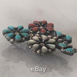 Vintage Zuni Indian Silver Brooch Pendant Flower Pin Turquoise Coral MOP