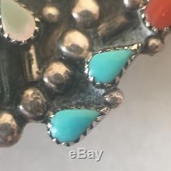 Vintage Zuni Indian Silver Brooch Pendant Flower Pin Turquoise Coral MOP