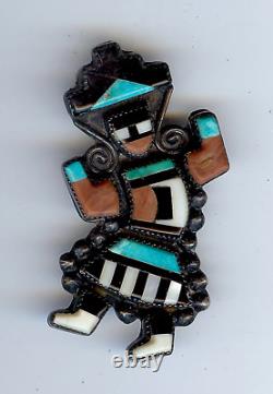 Vintage Zuni Indian Silver Coral Onyx & Turquoise Inlay Rainbow Man Pin Brooch