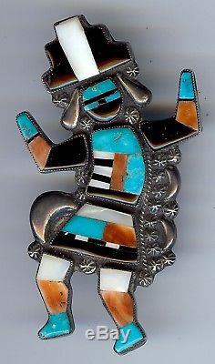 Vintage Zuni Indian Silver Inlaid Coral Onyx Turquoise Rainbow Man Pin Brooch