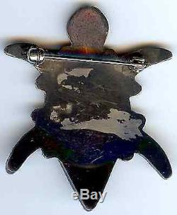 Vintage Zuni Indian Silver Inlaid Coral Onyx Turquoise Turtle Pin