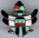 Vintage Zuni Indian Silver Inlaid Coral Turquoise Onyx Shell Kinfewing Man Pin