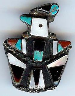 Vintage Zuni Indian Silver Inlaid Turquoise Coral Onyx Bird Pin