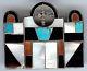 Vintage Zuni Indian Silver Inlaid Turquoise Coral Onyx Mission Church Pin