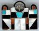 Vintage Zuni Indian Silver Inlaid Turquoise Coral Onyx Mission Church Pin Brooch