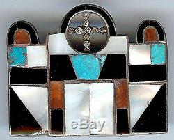 Vintage Zuni Indian Silver Inlaid Turquoise Coral Onyx Mission Church Pin Brooch