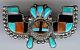 Vintage Zuni Indian Silver Inlaid Turquoise Coral & Onyx Pin