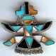 Vintage Zuni Indian Silver Inlaid Turquoise Coral Shell Onyx Knifewing Pin