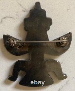 Vintage Zuni Indian Silver Inlay Mother Of Pearl & Onyx Knifewing Pin Brooch