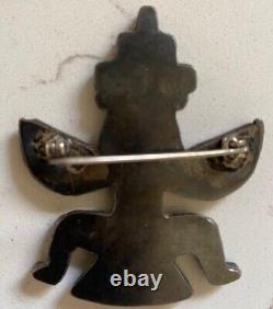 Vintage Zuni Indian Silver Inlay Mother Of Pearl & Onyx Knifewing Pin Brooch