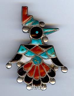 Vintage Zuni Indian Silver Inlay Turquoise Onyx Coral Thunderbird Pin Brooch